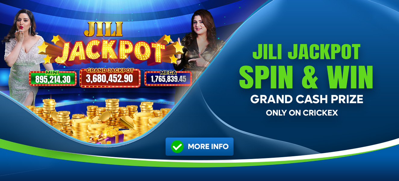 Promotional banner for Crickex featuring the text "JILI JACKPOT SPIN & WIN!", highlighting exciting jackpot opportunities with JILI slots