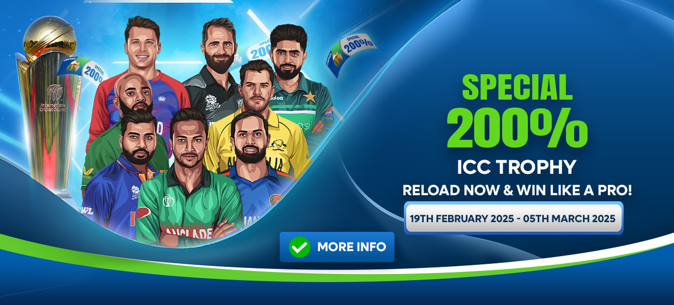 Promotional banner for Crickex featuring the text "Special 200% ICC TROPHY reload now & win like a pro!", highlighting an exclusive bonus offer for players.